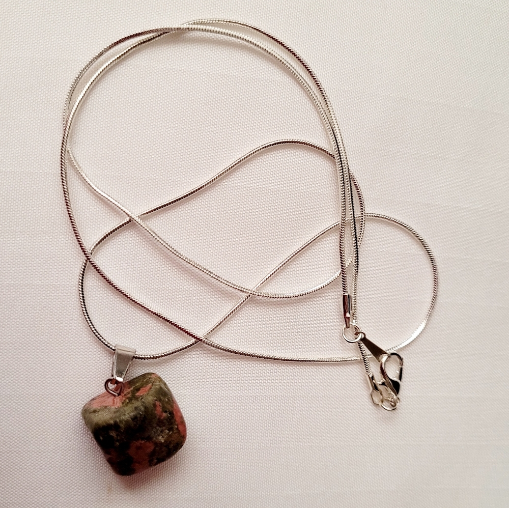Unakite Jasper Pendant on Silver Tone Necklace 18"
